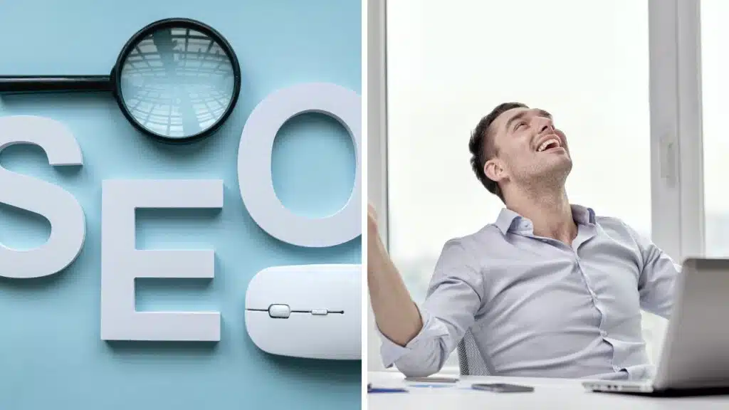 imagem simbolizando o seo e no canto um empresário feliz após sua estratégia de seo para vendas ter dado certo