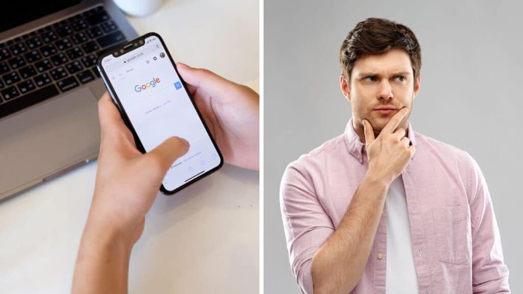 pessoa segurando um celular e acessando o google search enquanto a outra está com dúvidas e a mão no queixo