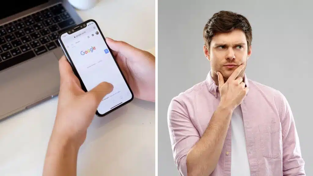 pessoa segurando um celular e acessando o google search enquanto a outra está com dúvidas e a mão no queixo