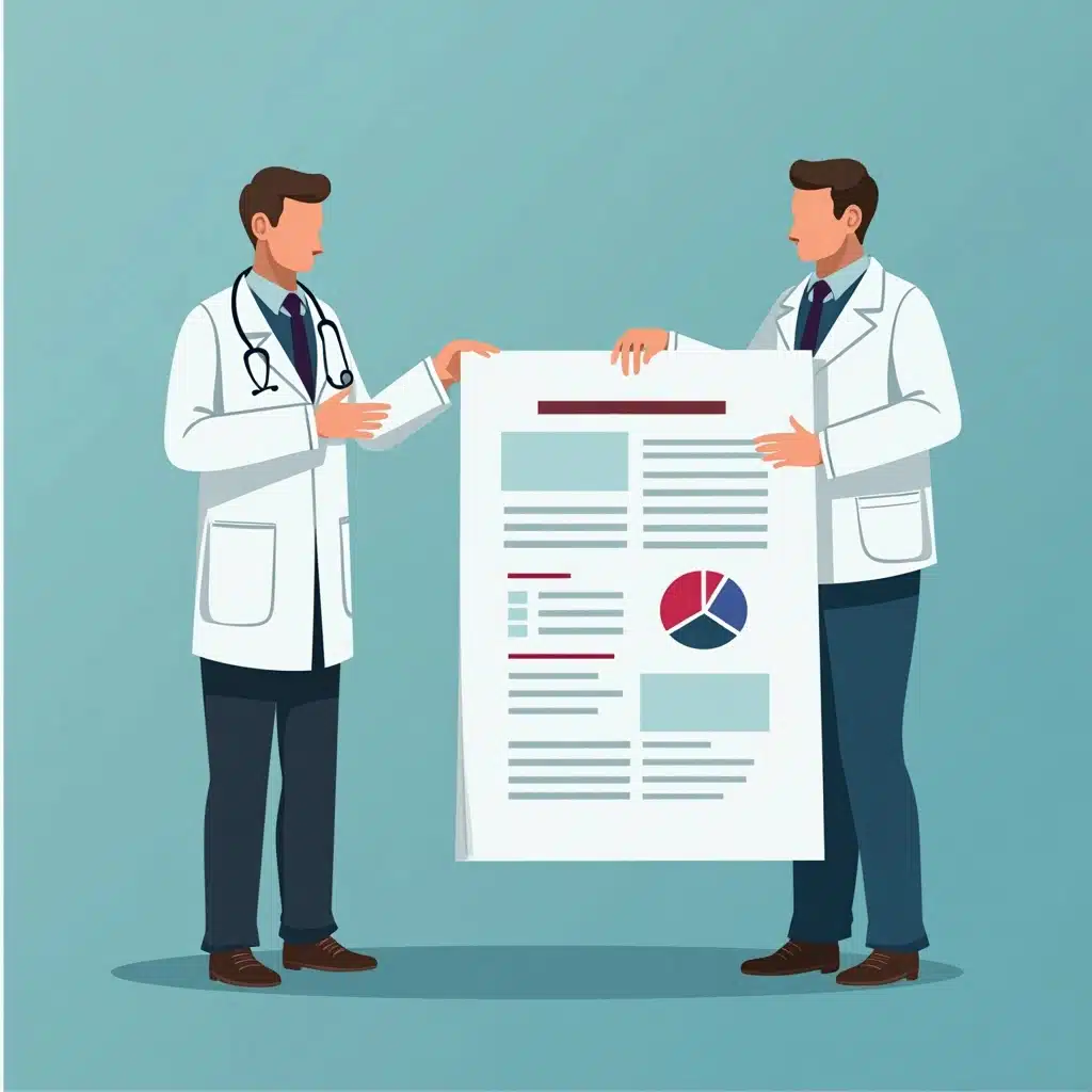 imagem ilustrativa de médicos segurando um documento sobre as diretrizes do CFM para o marketing médico incluindo o SEO para médicos