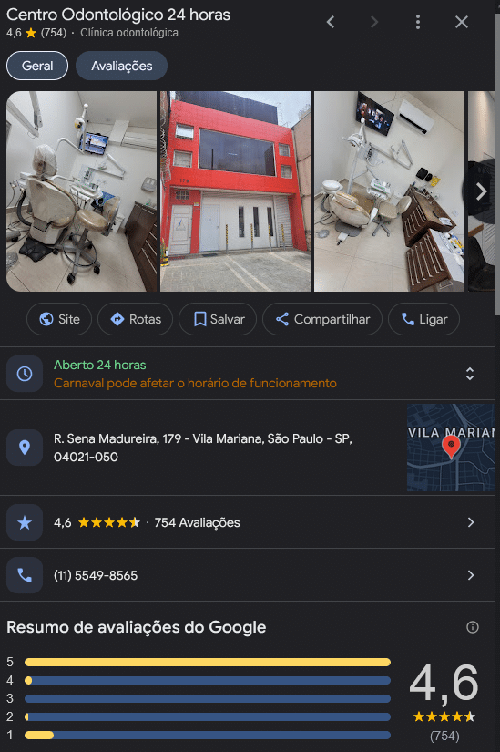 dados de um perfil do google meu negócio de uma clínica médica