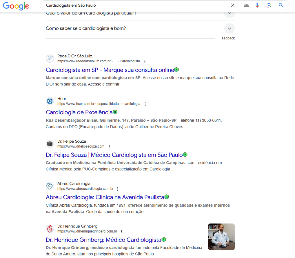 resultados orgânicos do google sobre o seo para médicos cardiologistas em são paulo