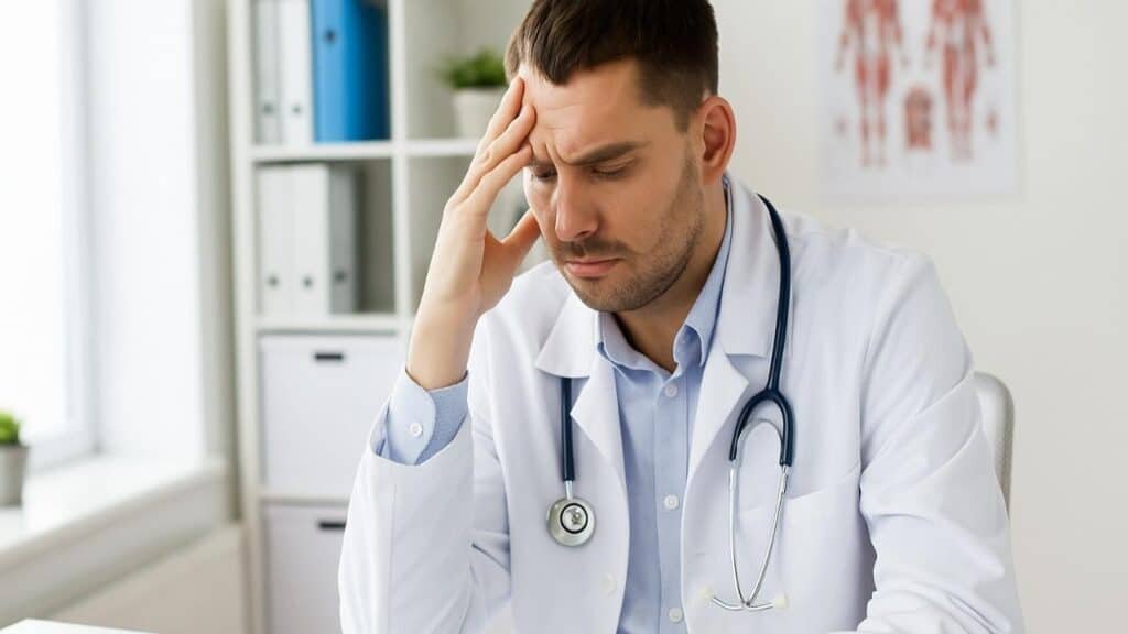 um médico dentro do seu consultório, com as mãos na cabeça e preocupado por não estar conseguindo atrair pacientes para atender