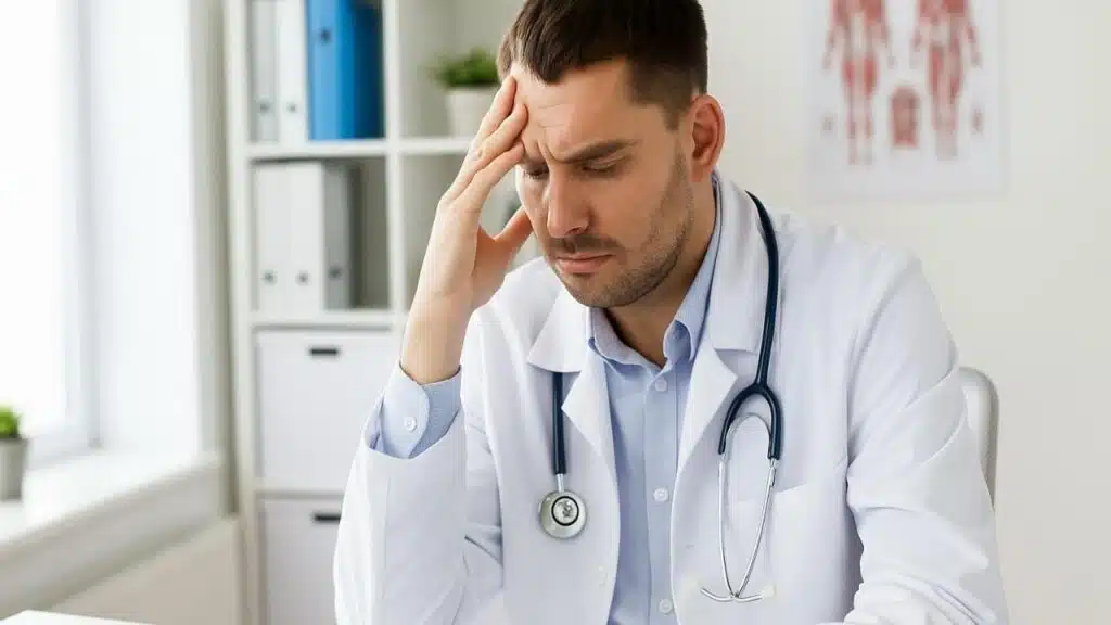 um médico dentro do seu consultório, com as mãos na cabeça e preocupado por não estar conseguindo atrair pacientes para atender