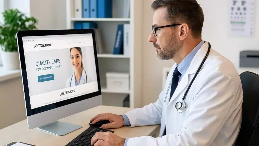 médico dentro do seu consultório acessando o seu site e verificando as últimas atualizações