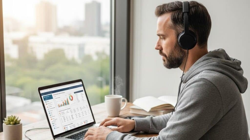 consultor seo sentado de jaqueta, fone de ouvido e mexendo em seu notebook