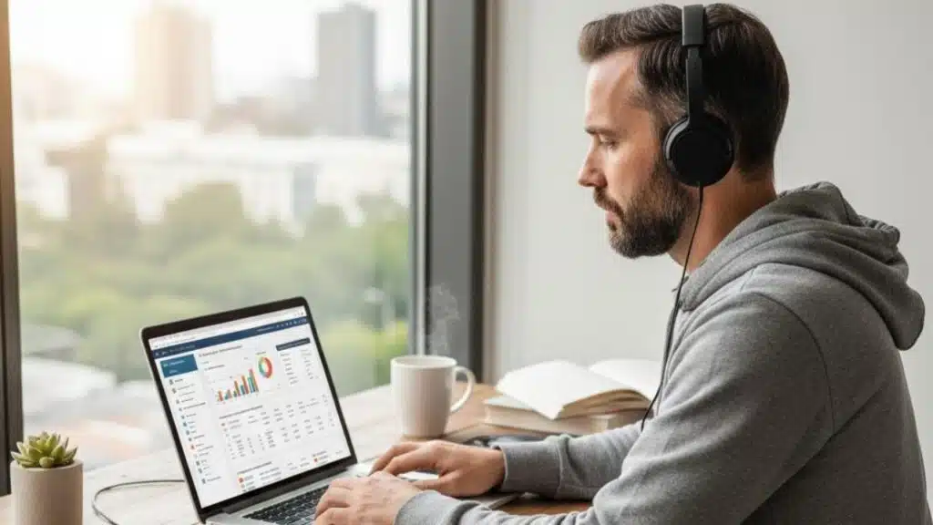 consultor seo sentado de jaqueta, fone de ouvido e mexendo em seu notebook