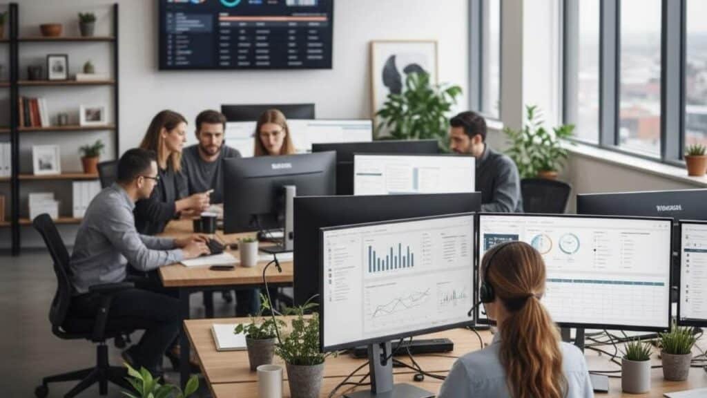 funcionários de uma agência de seo sentados e trabalhando no escritório