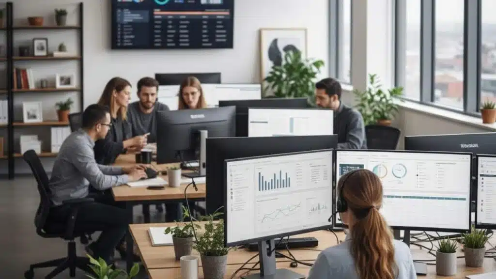 funcionários de uma agência de seo sentados e trabalhando no escritório