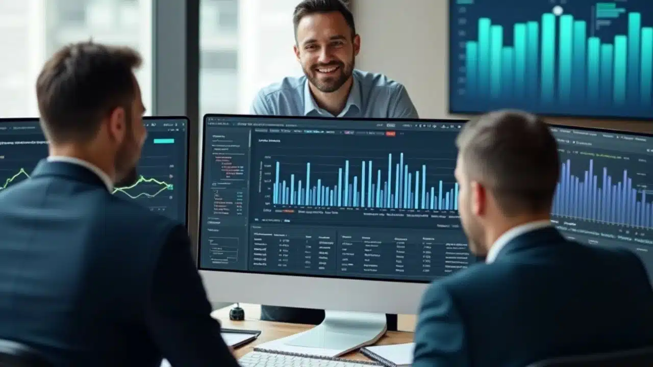 três empresários em uma mesa conversando e na tela do computador dados de uma estratégia de seo para pequenas empresas