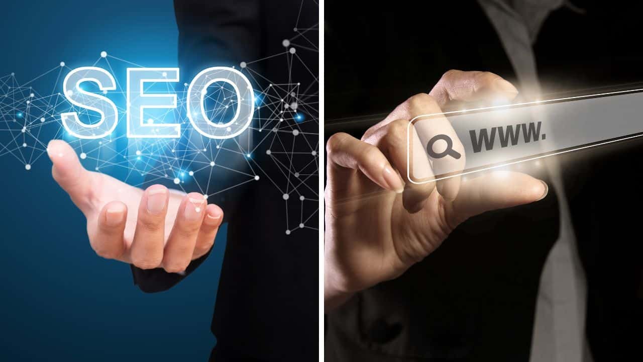 Mão segurando "SEO" com conexões digitais e outra mão com barra de pesquisa "www.", simbolizando otimização e buscas online