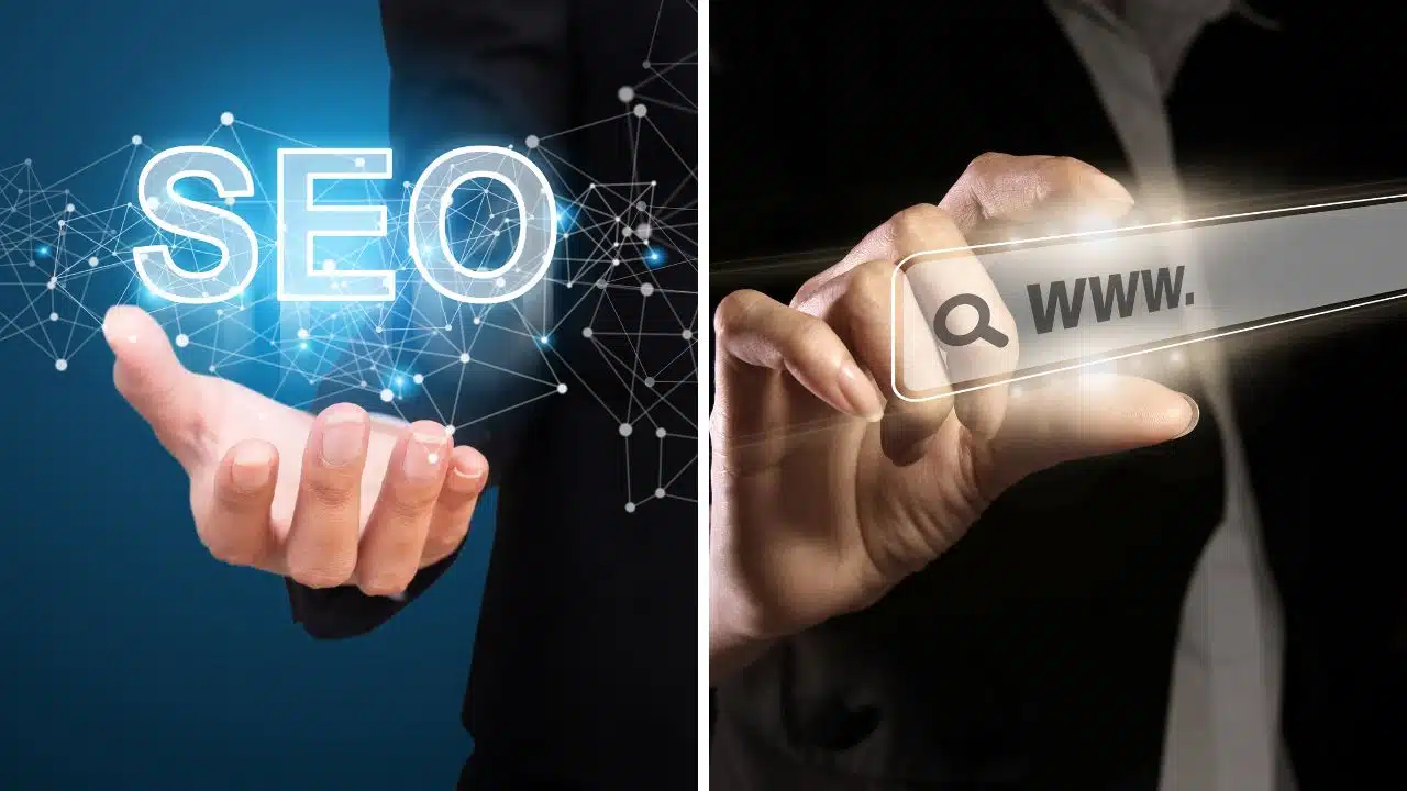 Mão segurando "SEO" com conexões digitais e outra mão com barra de pesquisa "www.", simbolizando otimização e buscas online