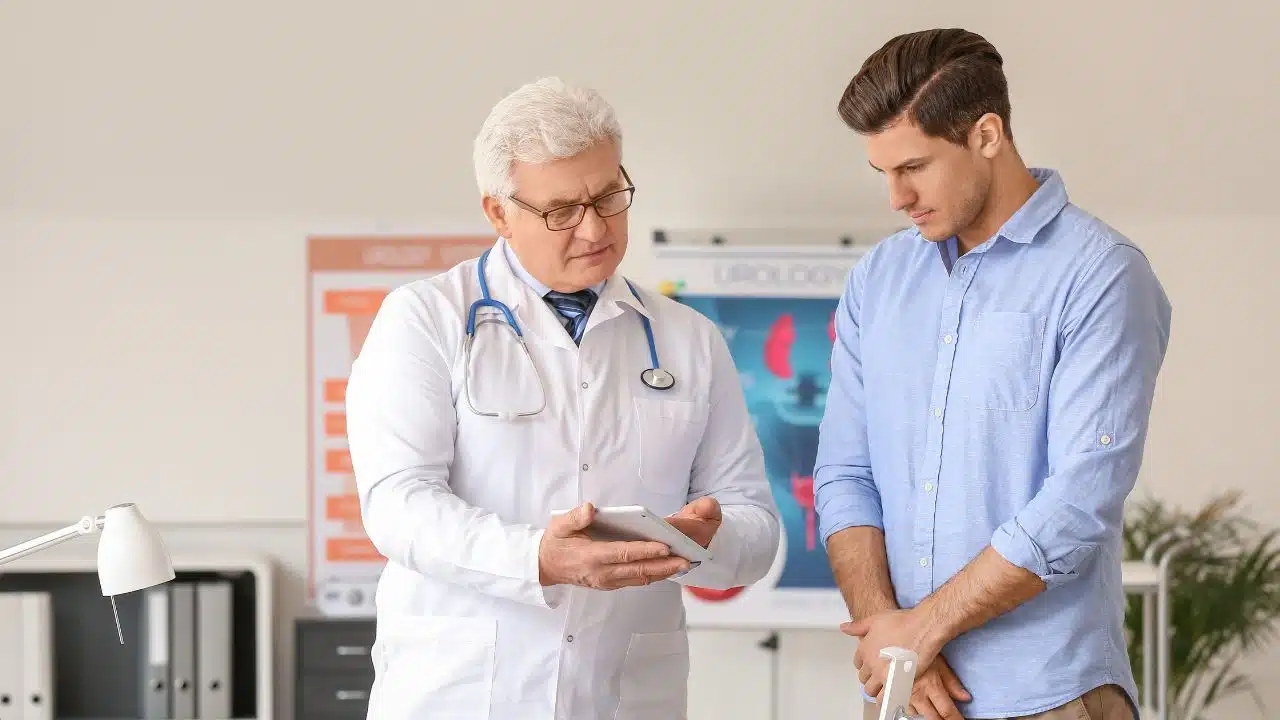 médico urologista passando o resultado de exames para o seu paciente que chegou através do seo para urologista