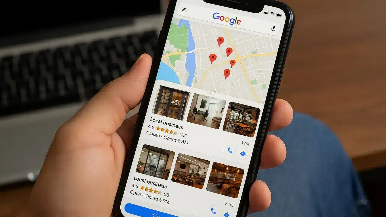 pessoa segurando o celular e visualizando um perfil de empresa no google meu negócio