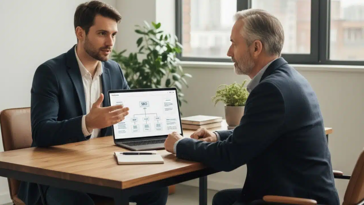 consultor seo explicando o seu trabalho de consultoria seo para um empresário que deseja contratar os seus serviços
