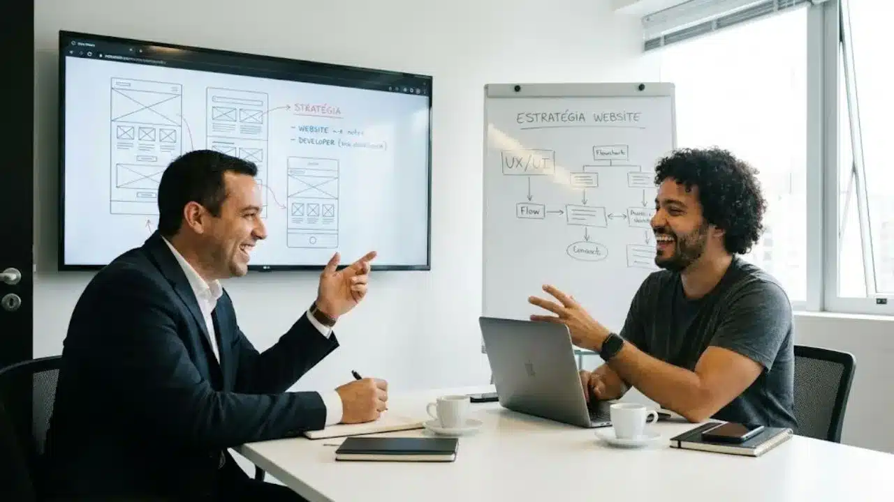 empresário de camaçari conversando com um profissional que realiza o trabalho de criação de site na cidade